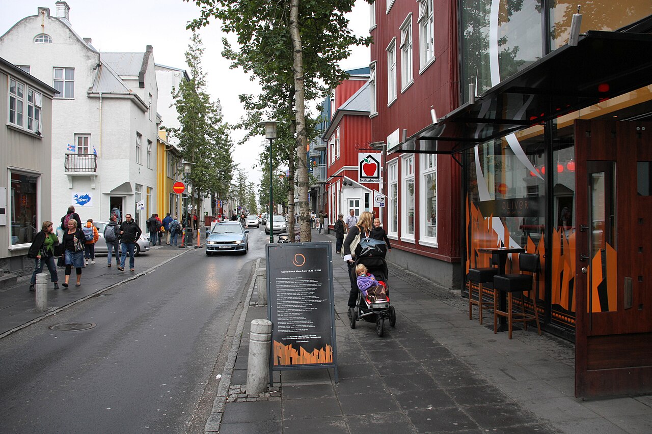 Laugavegur street in downtown Reykjavik with colorful shops and cafes