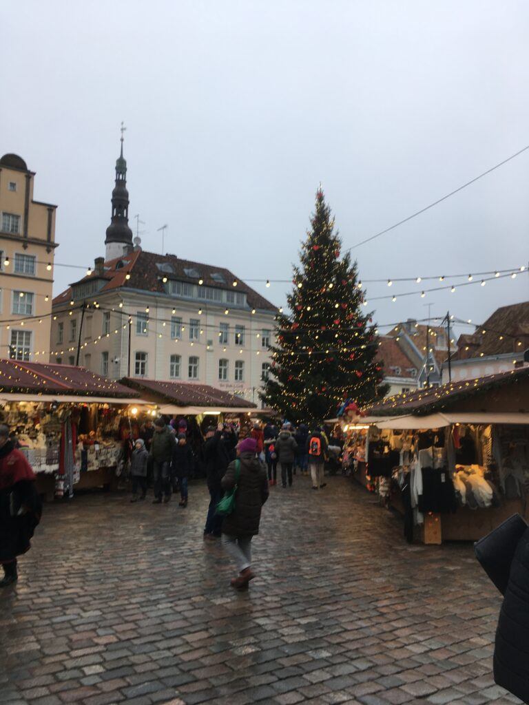 Tallinn Christmas market tree and stalls on Town Hall Square